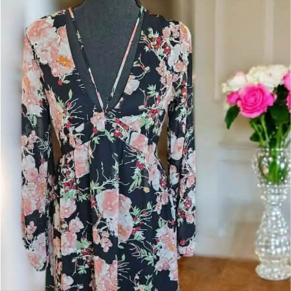 Kimchi Blue Floral Long Sleeve Dress - Black and Pink Size 4